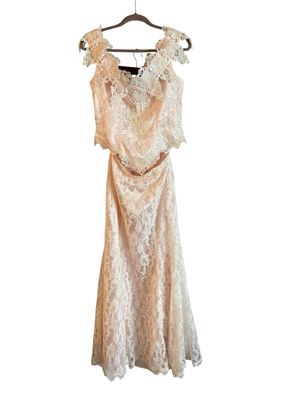 Vtg Loralie Original 2 Pc. Lace Formal Peach Dress M Victorian Prairie Castle